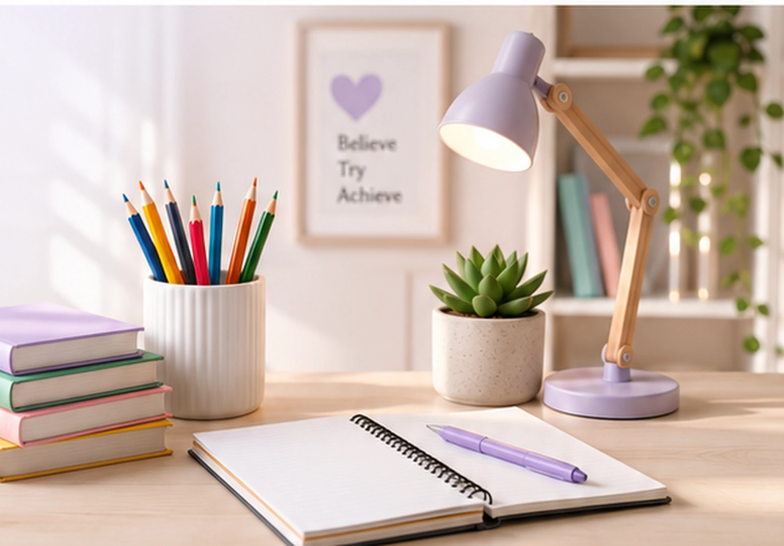 Warm study desk with pastel books, coloured pencils, a plant, lamp and open notebook